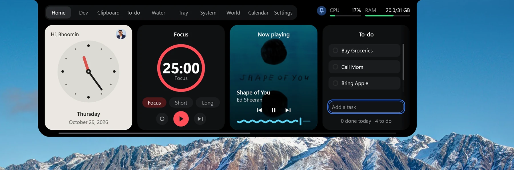 The NotchWin Deck on the Home tab: a clock, focus timer, now playing and a to-do list.