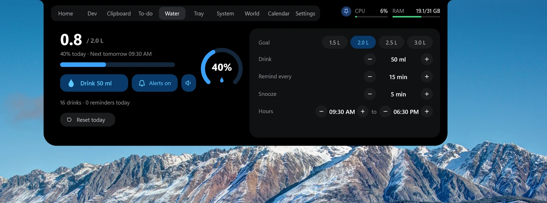 The NotchWin Deck on the Water tab with goal, reminders and active hours.