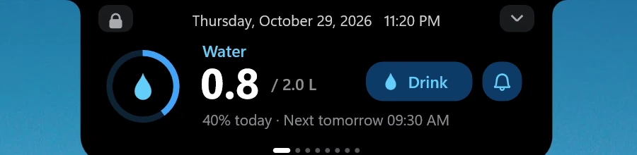 The NotchWin Glance showing the water reminder page.